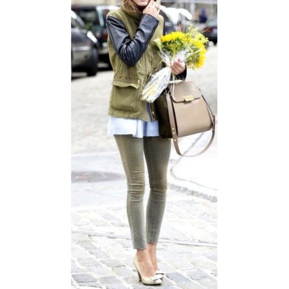 Zara Linen Lamb Leather Jacket Army Olive Green Utility Moto Edgy Biker Coat XS - Picture 5 of 16